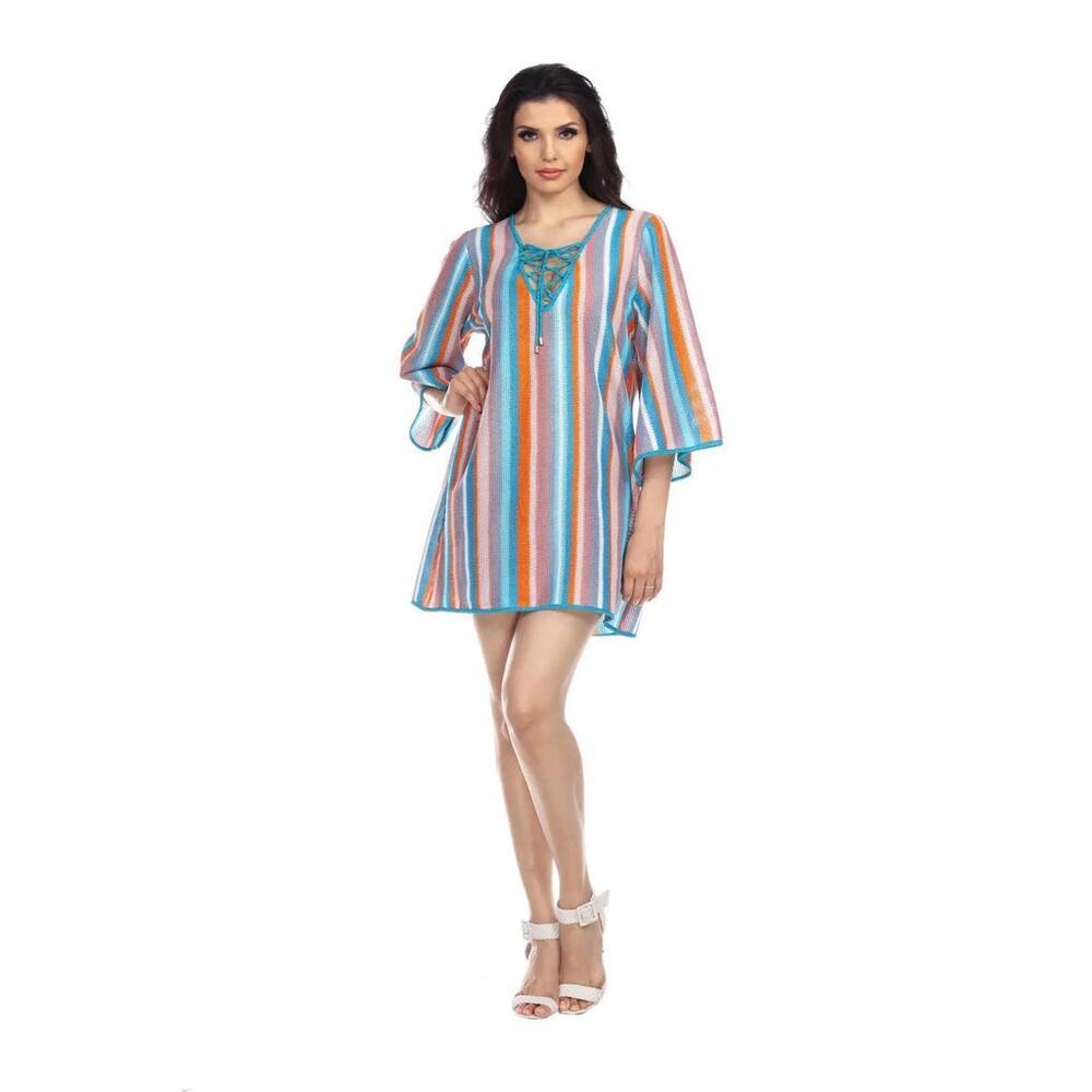 La Moda Striped Lace-Up Tunic Cover-Up Womens Size L/XL